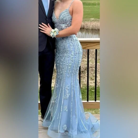 satin prom dress open back A-Line Straps Sweep Train Satin Prom Dress With Beading PG402 US4 / As Picture